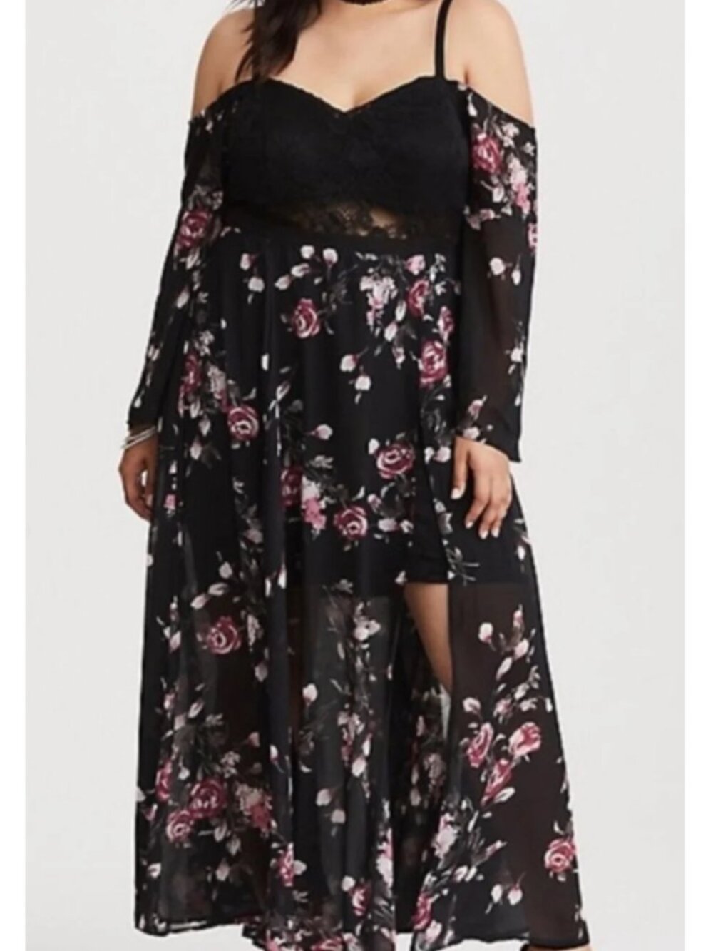 Torrid Floral Print Cold Shoulder Lace Bustier Maxi Dress 18